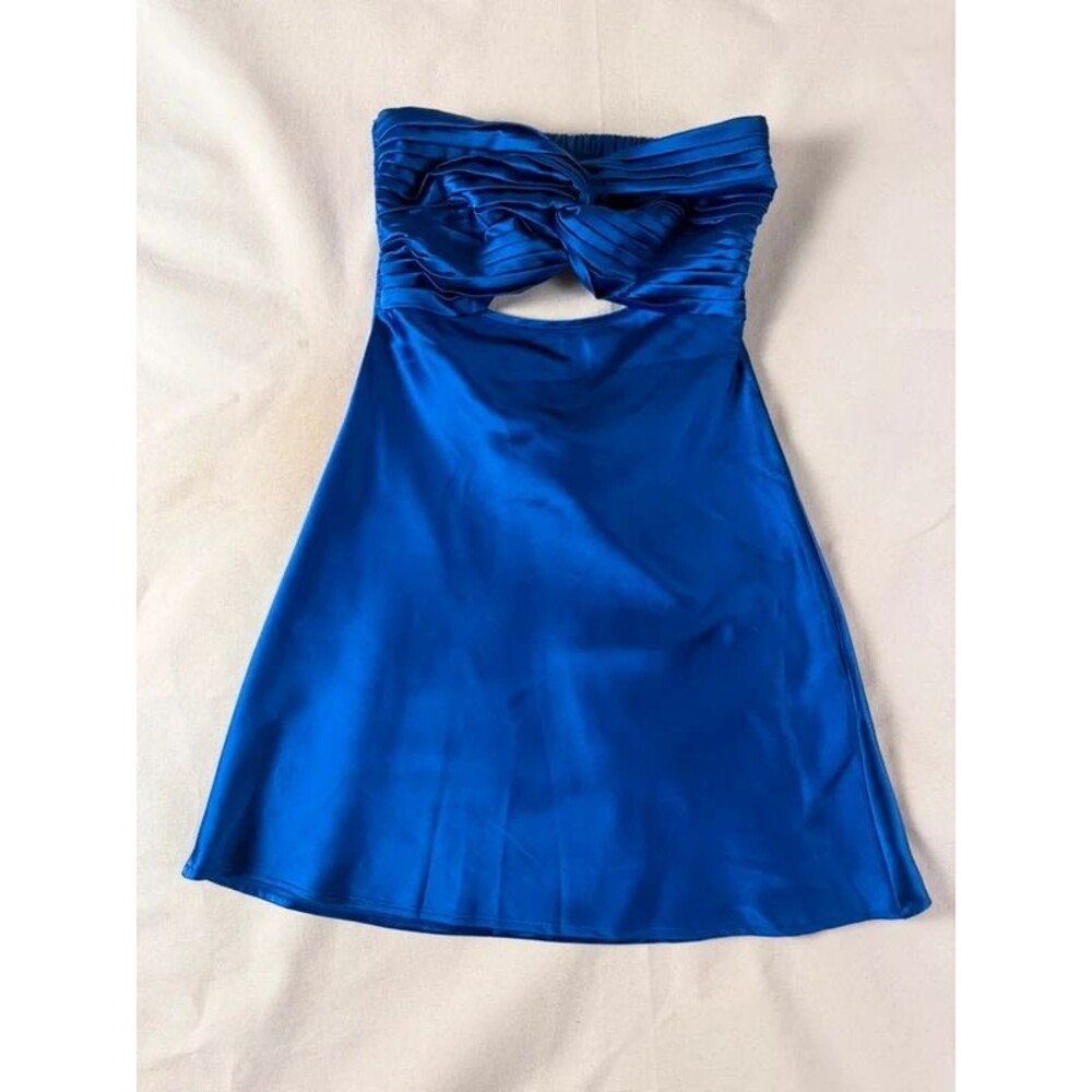 Princess Polly Blue Satin Strapless Mini Dress Size 4 Cutout Ruched